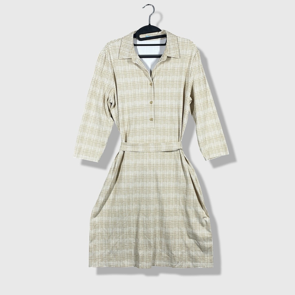 J. McLaughlin Shirt Dress Womens L Tan White Grid Preppy Classic Professional